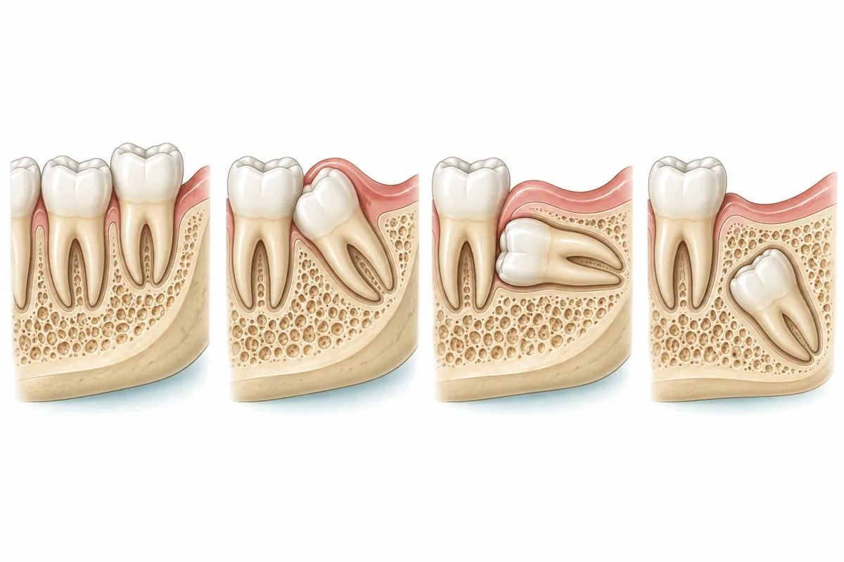Illustration of four lower wisdom teeth: fully erupted, tilted toward the molar, lying horizontal, and buried in bone