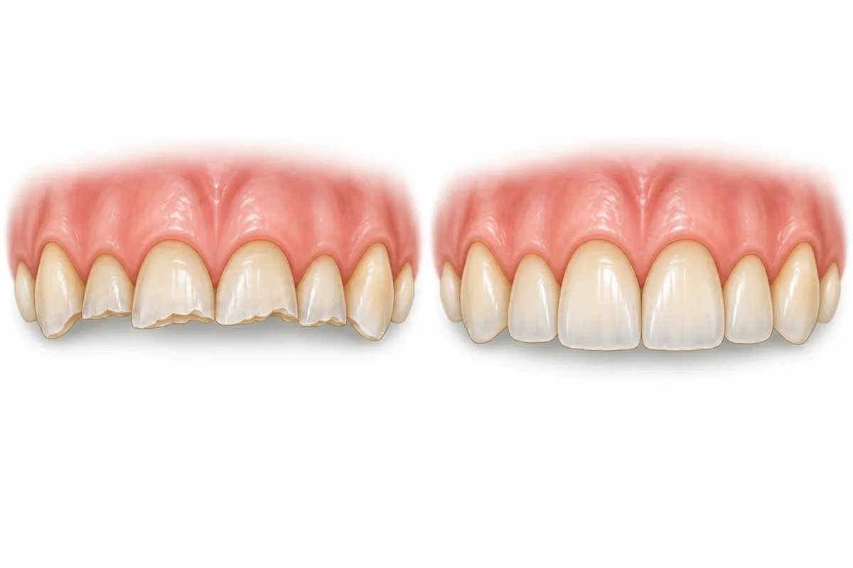Illustration of a row of shortened, flattened front teeth beside the same teeth restored to full length with bonded restorations