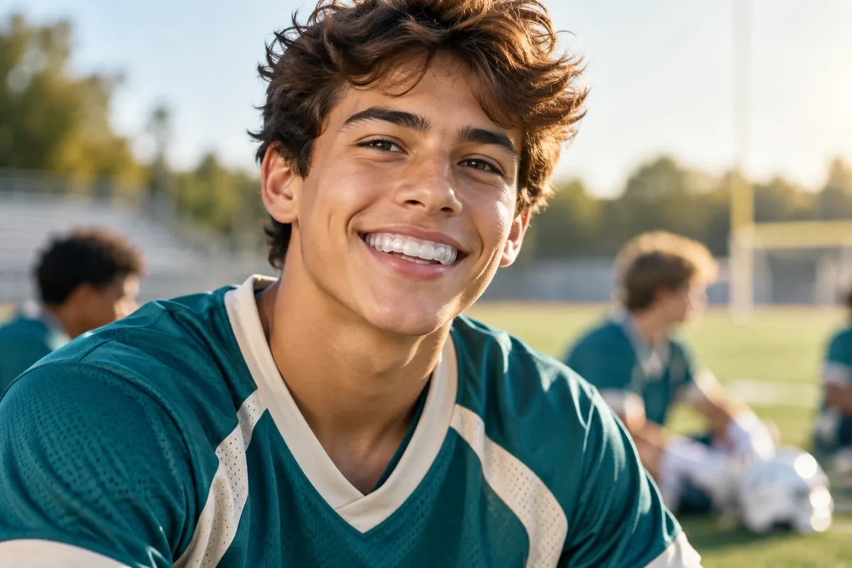 Teen athlete in a team jersey smiling with a fitted mouthguard visible over the upper teeth