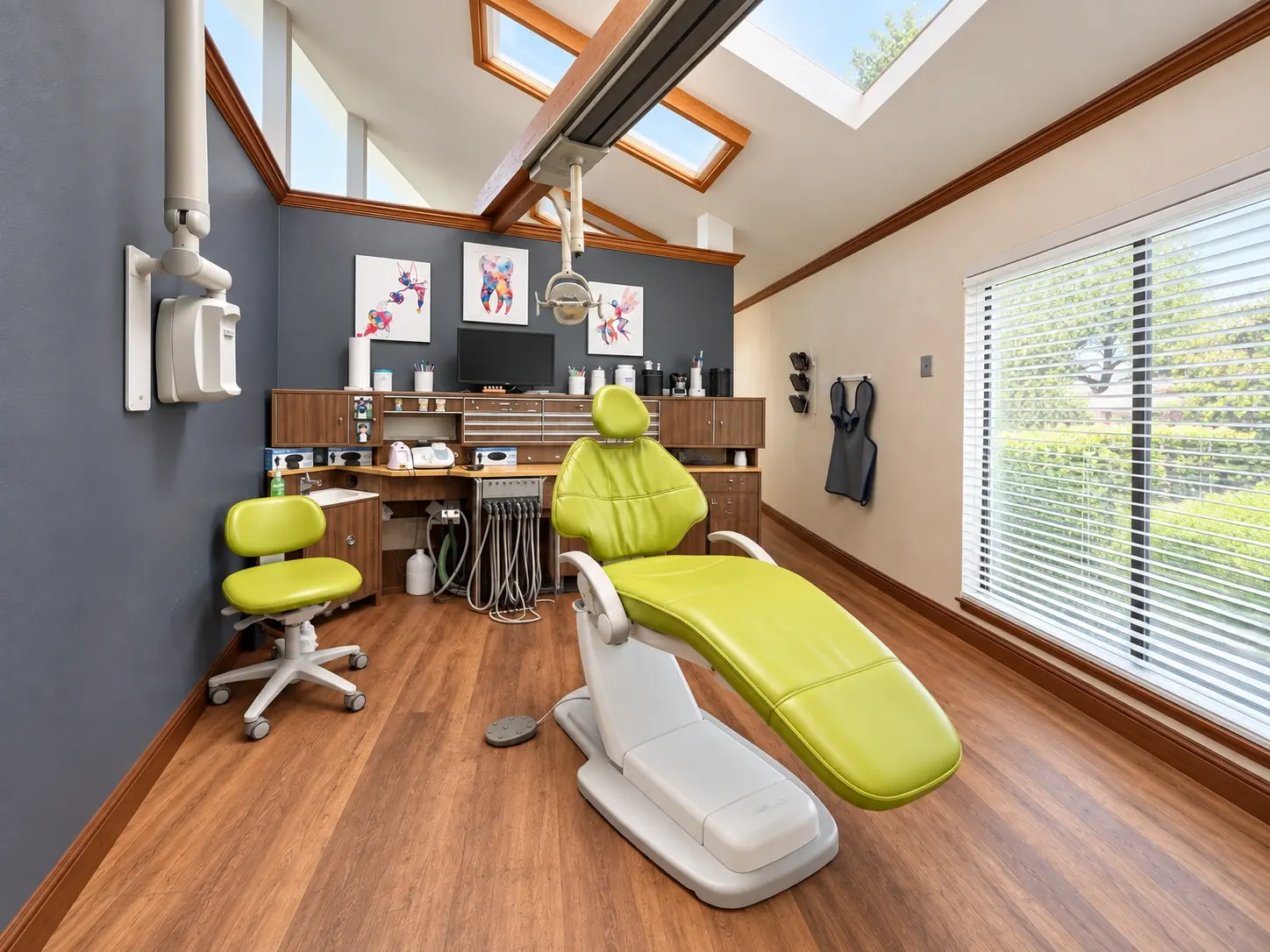 A skylit treatment room at Cleburne Dental with a modern dental chair
