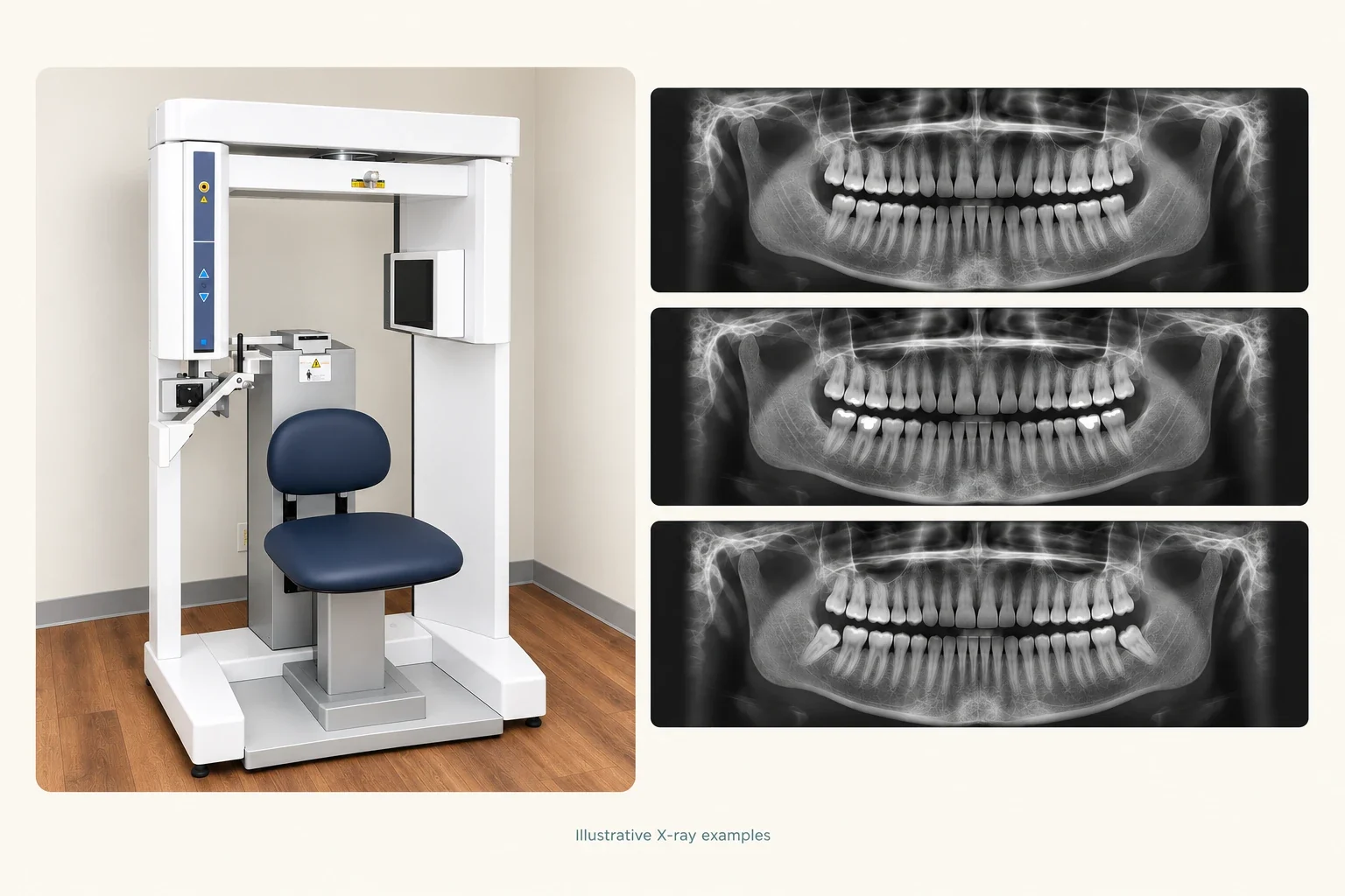Our panoramic X-ray machine, with illustrative panoramic X-ray examples