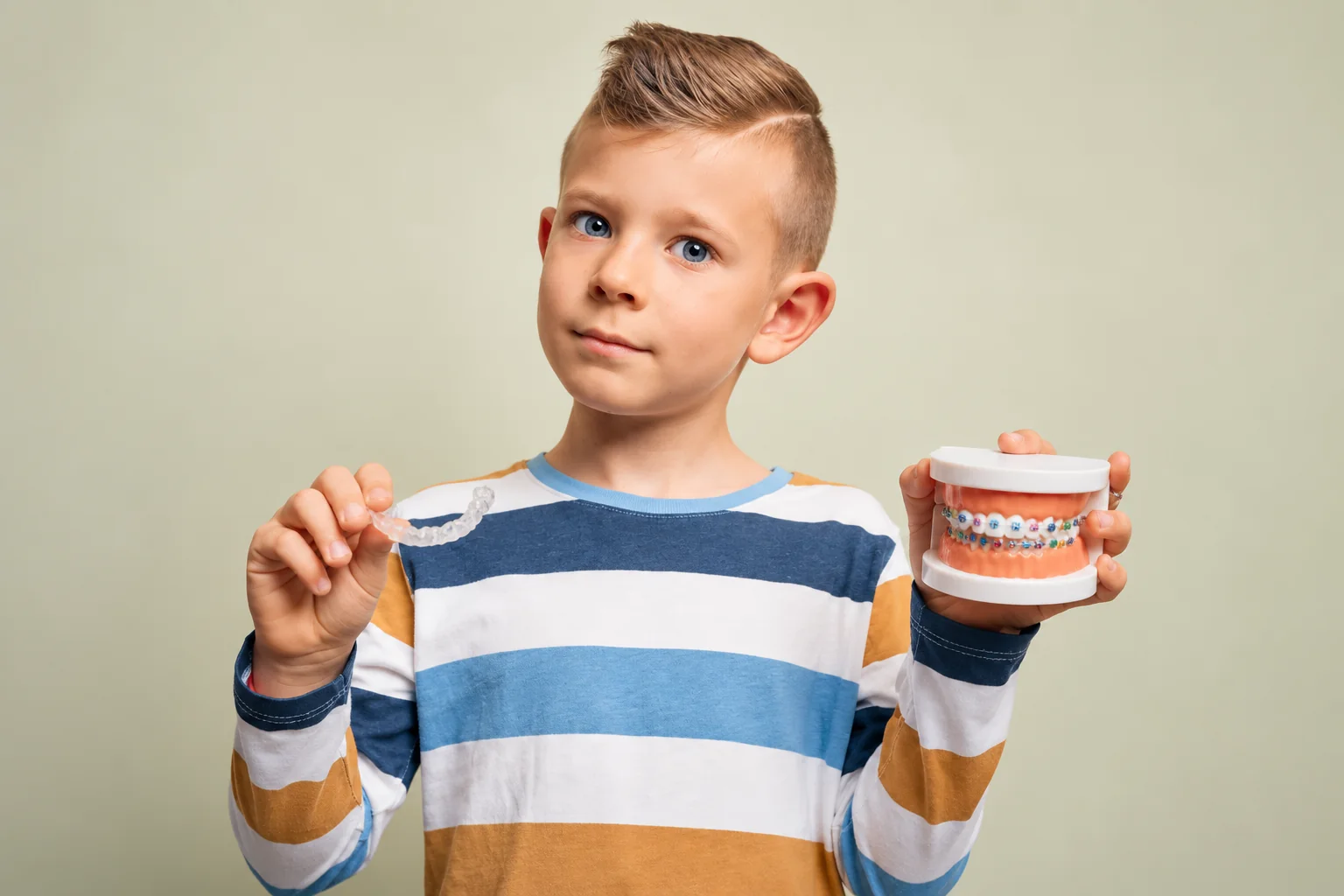 A boy holds a clear aligner in one hand and a dental model with braces in the other