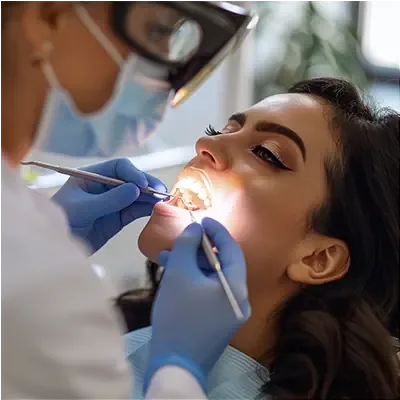 Dentist wearing magnifying loupes examining a patient’s teeth with a mirror and probe