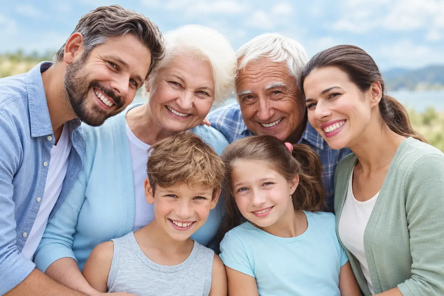 Three generations of a family smiling together, representing patients of every age seen at one practice
