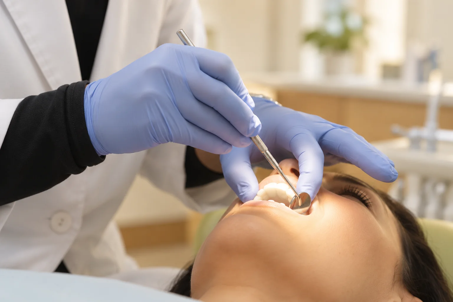 A dentist checking a patient’s teeth and gums with a mirror