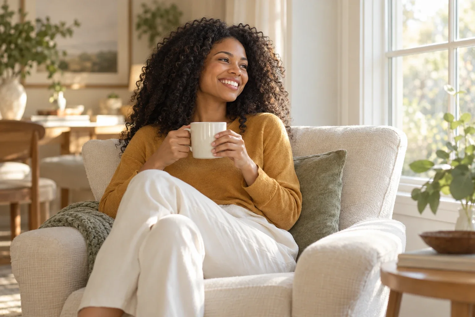 Relaxed, smiling woman at home holding a cup of coffee