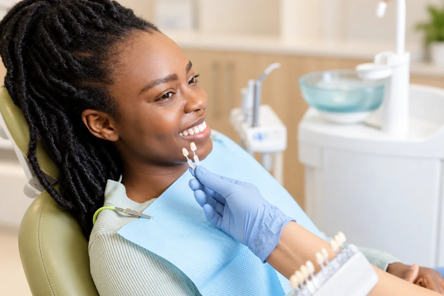 Smiling patient comparing tooth shades with a shade guide held beside their teeth