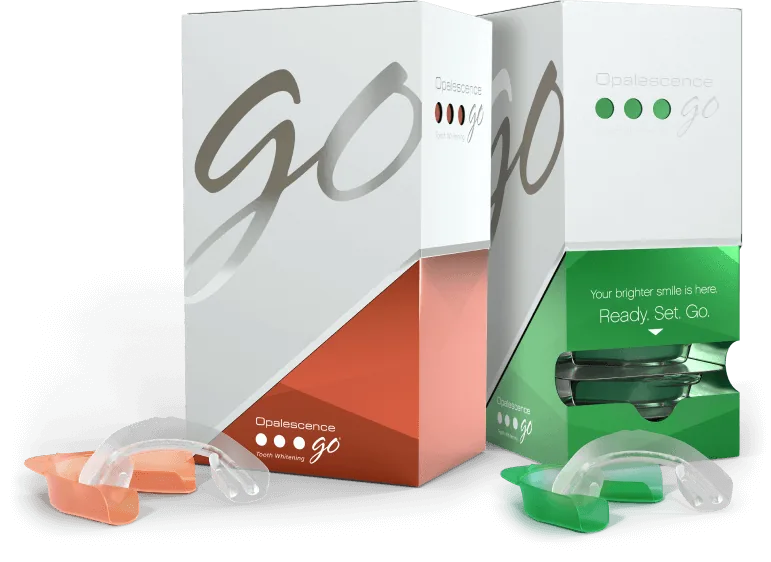 Opalescence Go take-home whitening boxes with pre-filled upper and lower trays